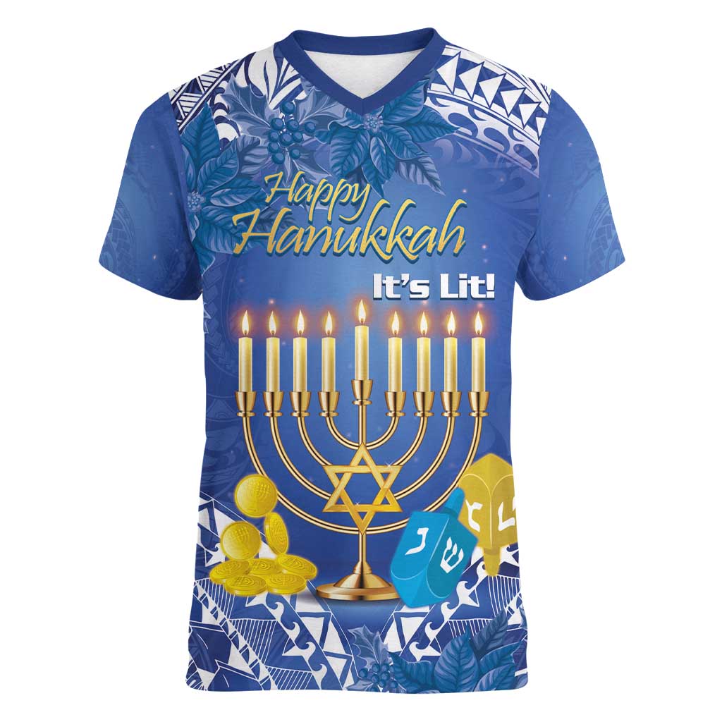 Personalised Hanukkah Jewish Festival Women V-Neck T-Shirt It's Lit - Polynesian Pattern - Wonder Print Shop