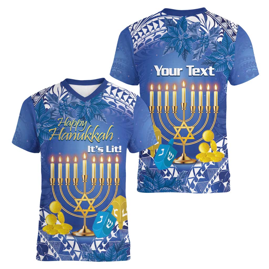 Personalised Hanukkah Jewish Festival Women V-Neck T-Shirt It's Lit - Polynesian Pattern - Wonder Print Shop
