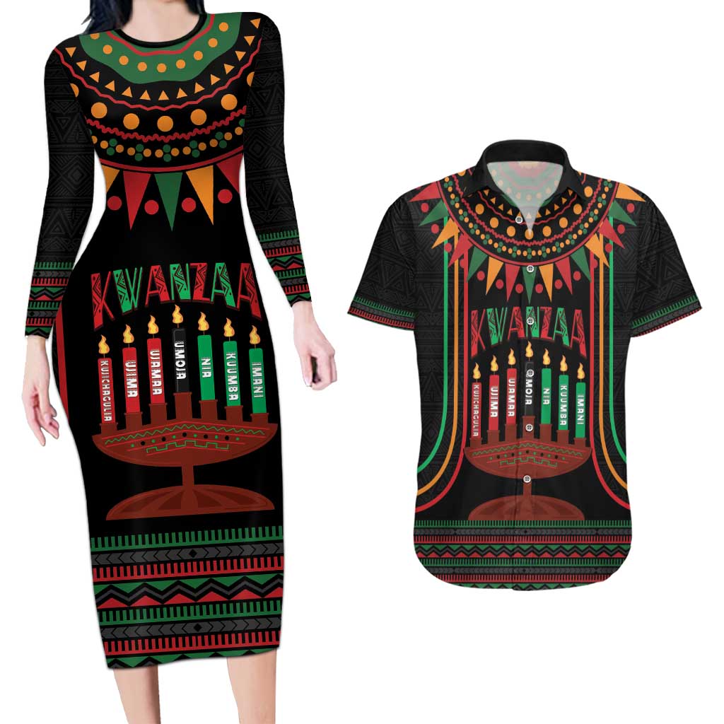 Personalized African-American Kwanzaa Couples Matching Long Sleeve Bodycon Dress and Hawaiian Shirt Kinara Candles African Pattern - Wonder Print Shop