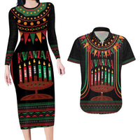 Personalized African-American Kwanzaa Couples Matching Long Sleeve Bodycon Dress and Hawaiian Shirt Kinara Candles African Pattern - Wonder Print Shop