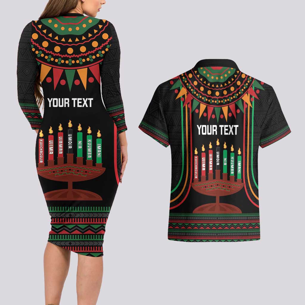 Personalized African-American Kwanzaa Couples Matching Long Sleeve Bodycon Dress and Hawaiian Shirt Kinara Candles African Pattern - Wonder Print Shop
