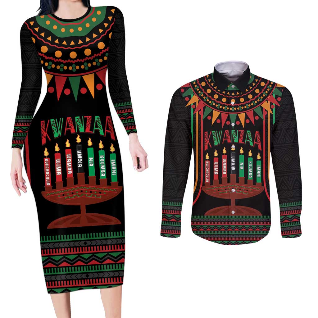 Personalized African-American Kwanzaa Couples Matching Long Sleeve Bodycon Dress and Long Sleeve Button Shirt Kinara Candles African Pattern - Wonder Print Shop