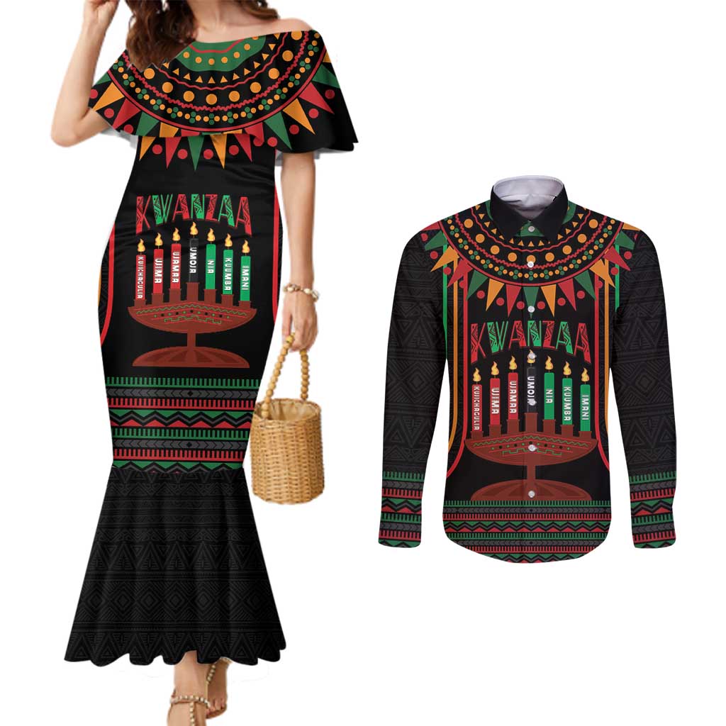 Personalized African-American Kwanzaa Couples Matching Mermaid Dress and Long Sleeve Button Shirt Kinara Candles African Pattern