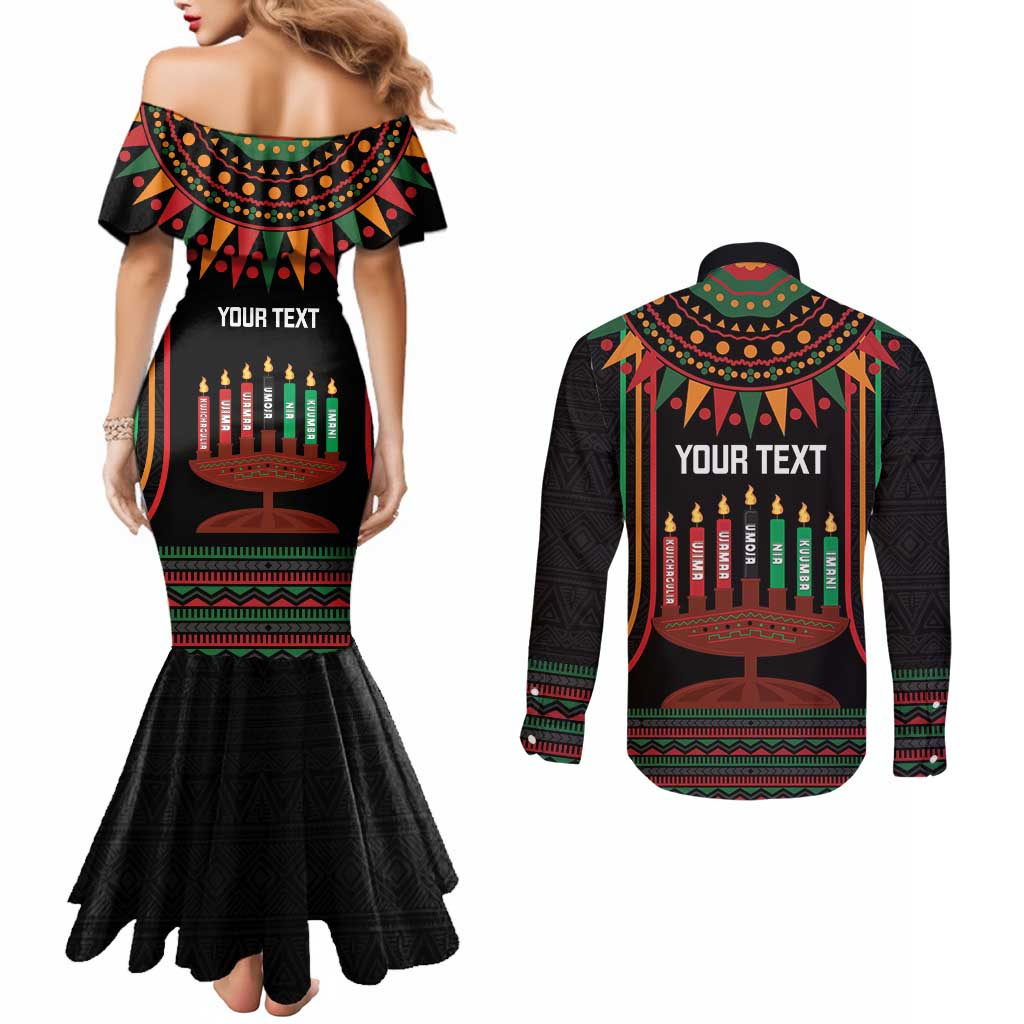 Personalized African-American Kwanzaa Couples Matching Mermaid Dress and Long Sleeve Button Shirt Kinara Candles African Pattern