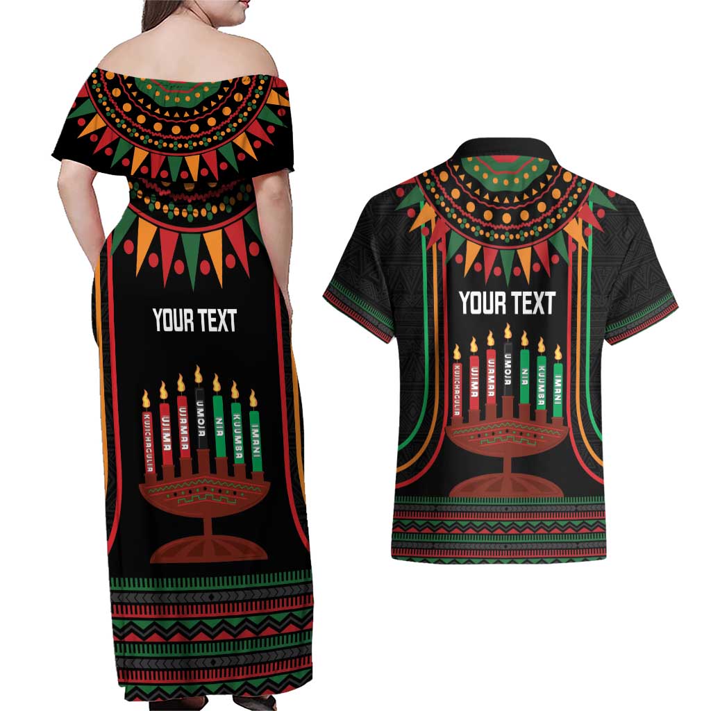 Personalized African-American Kwanzaa Couples Matching Off Shoulder Maxi Dress and Hawaiian Shirt Kinara Candles African Pattern - Wonder Print Shop