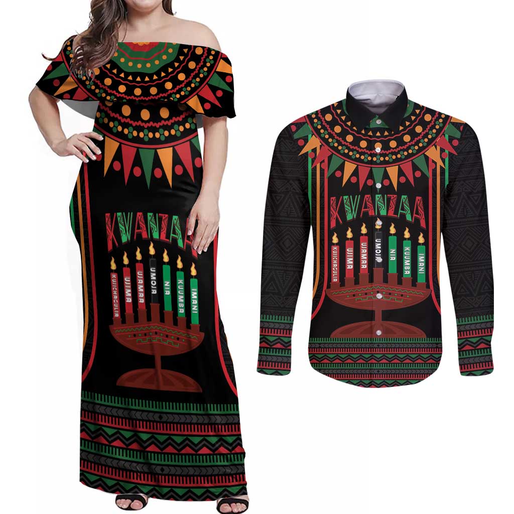 Personalized African-American Kwanzaa Couples Matching Off Shoulder Maxi Dress and Long Sleeve Button Shirt Kinara Candles African Pattern - Wonder Print Shop