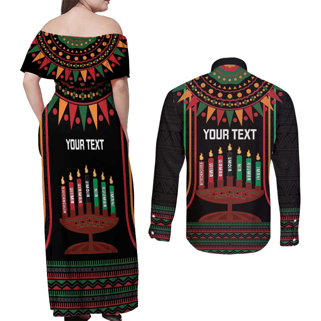 Personalized African-American Kwanzaa Couples Matching Off Shoulder Maxi Dress and Long Sleeve Button Shirt Kinara Candles African Pattern - Wonder Print Shop