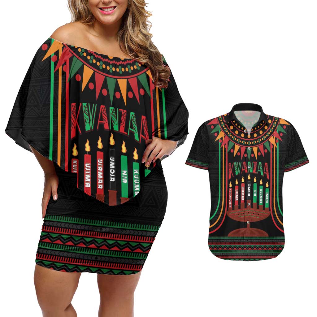 Personalized African-American Kwanzaa Couples Matching Off Shoulder Short Dress and Hawaiian Shirt Kinara Candles African Pattern - Wonder Print Shop