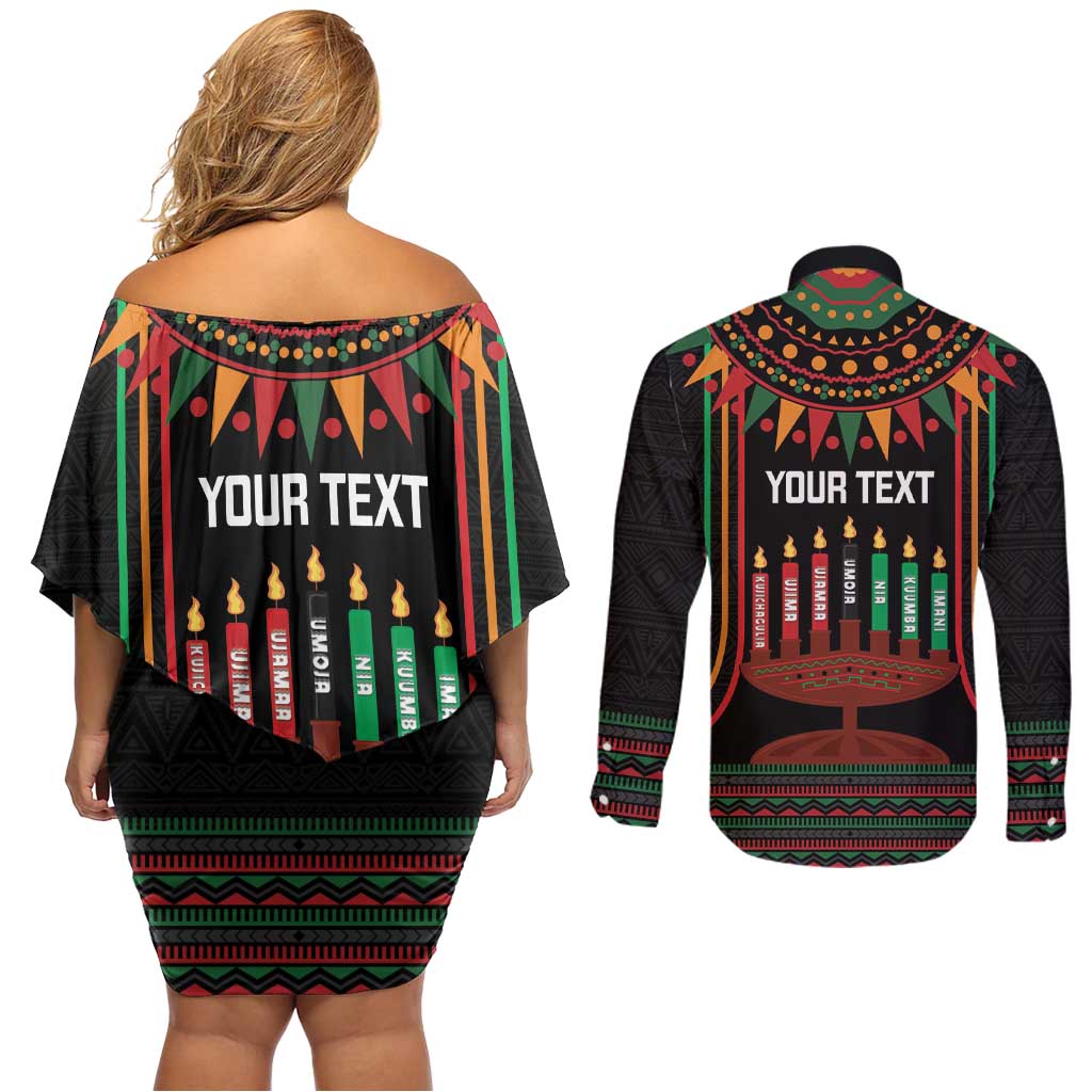 Personalized African-American Kwanzaa Couples Matching Off Shoulder Short Dress and Long Sleeve Button Shirt Kinara Candles African Pattern - Wonder Print Shop