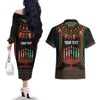 Personalized African-American Kwanzaa Couples Matching Off The Shoulder Long Sleeve Dress and Hawaiian Shirt Kinara Candles African Pattern - Wonder Print Shop