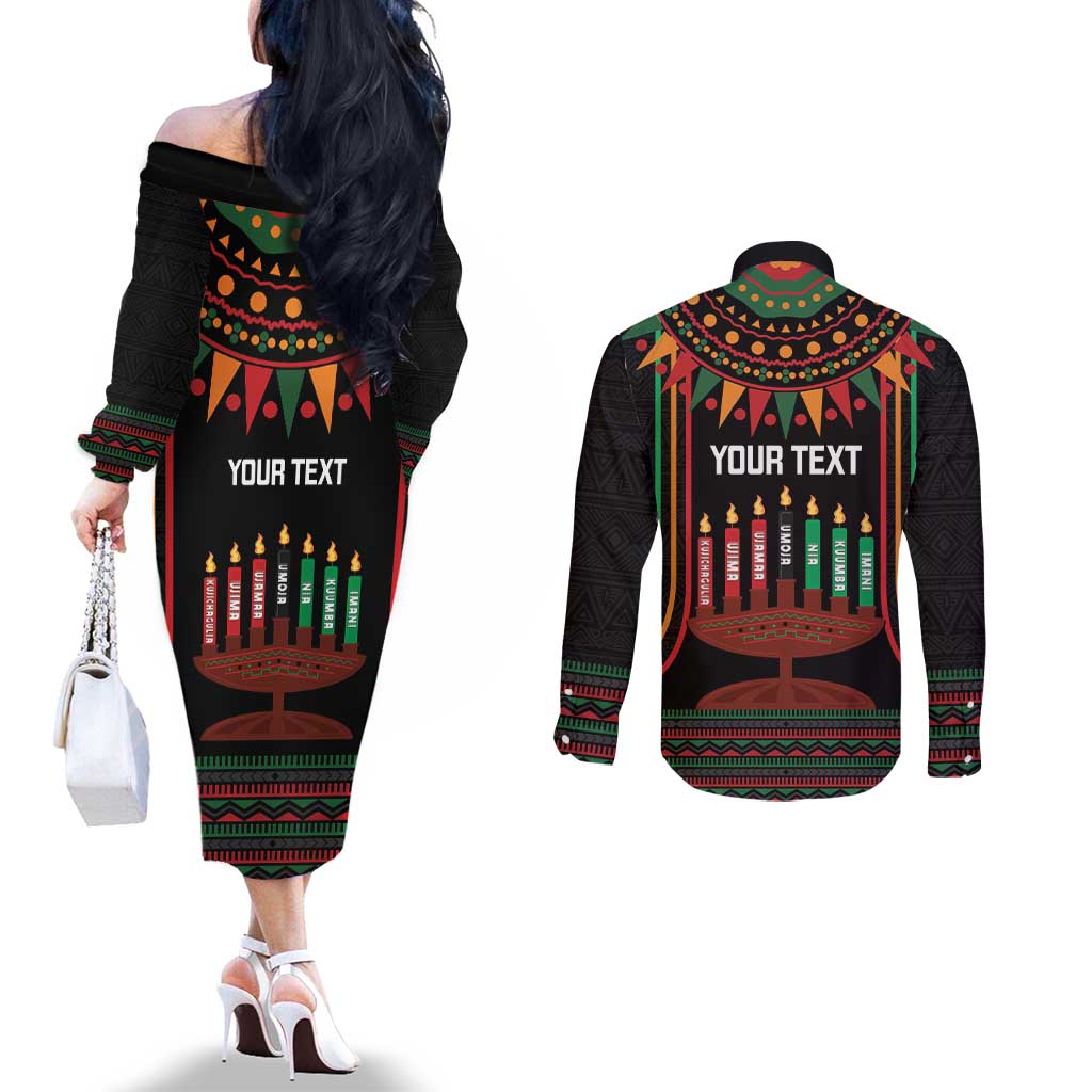 Personalized African-American Kwanzaa Couples Matching Off The Shoulder Long Sleeve Dress and Long Sleeve Button Shirt Kinara Candles African Pattern
