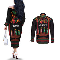 Personalized African-American Kwanzaa Couples Matching Off The Shoulder Long Sleeve Dress and Long Sleeve Button Shirt Kinara Candles African Pattern