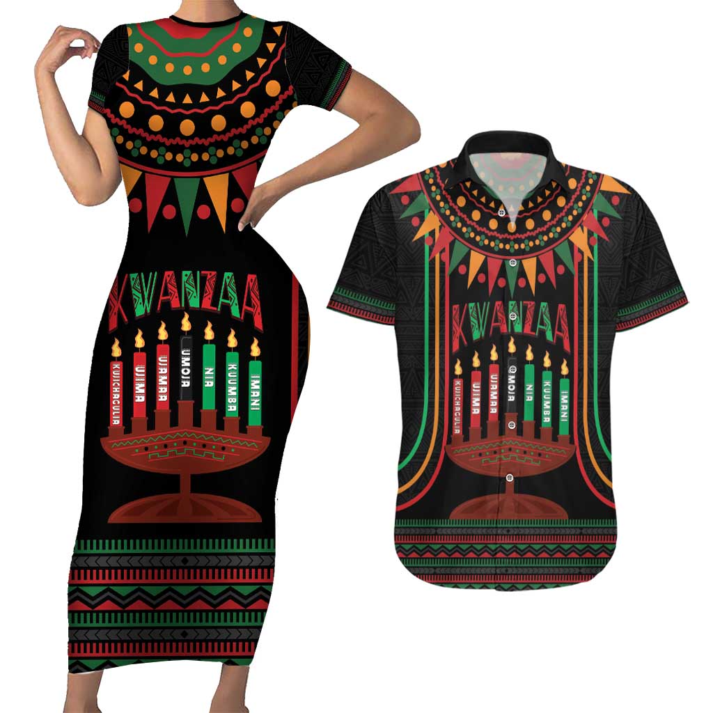 Personalized African-American Kwanzaa Couples Matching Short Sleeve Bodycon Dress and Hawaiian Shirt Kinara Candles African Pattern - Wonder Print Shop