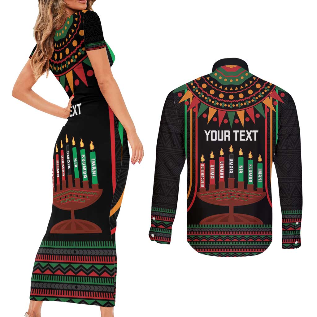 Personalized African-American Kwanzaa Couples Matching Short Sleeve Bodycon Dress and Long Sleeve Button Shirt Kinara Candles African Pattern - Wonder Print Shop