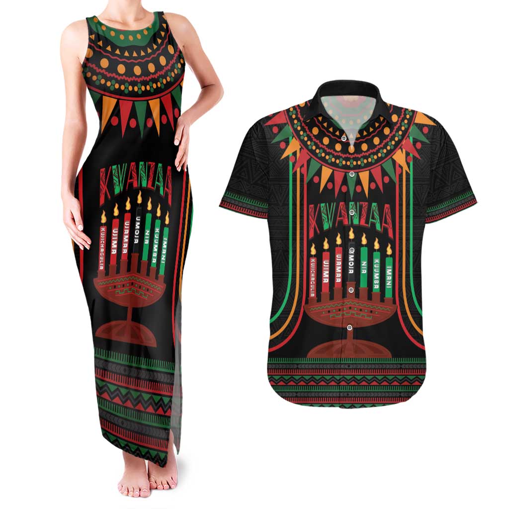 Personalized African-American Kwanzaa Couples Matching Tank Maxi Dress and Hawaiian Shirt Kinara Candles African Pattern - Wonder Print Shop