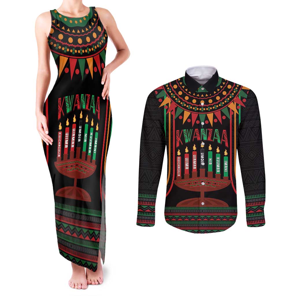 Personalized African-American Kwanzaa Couples Matching Tank Maxi Dress and Long Sleeve Button Shirt Kinara Candles African Pattern - Wonder Print Shop