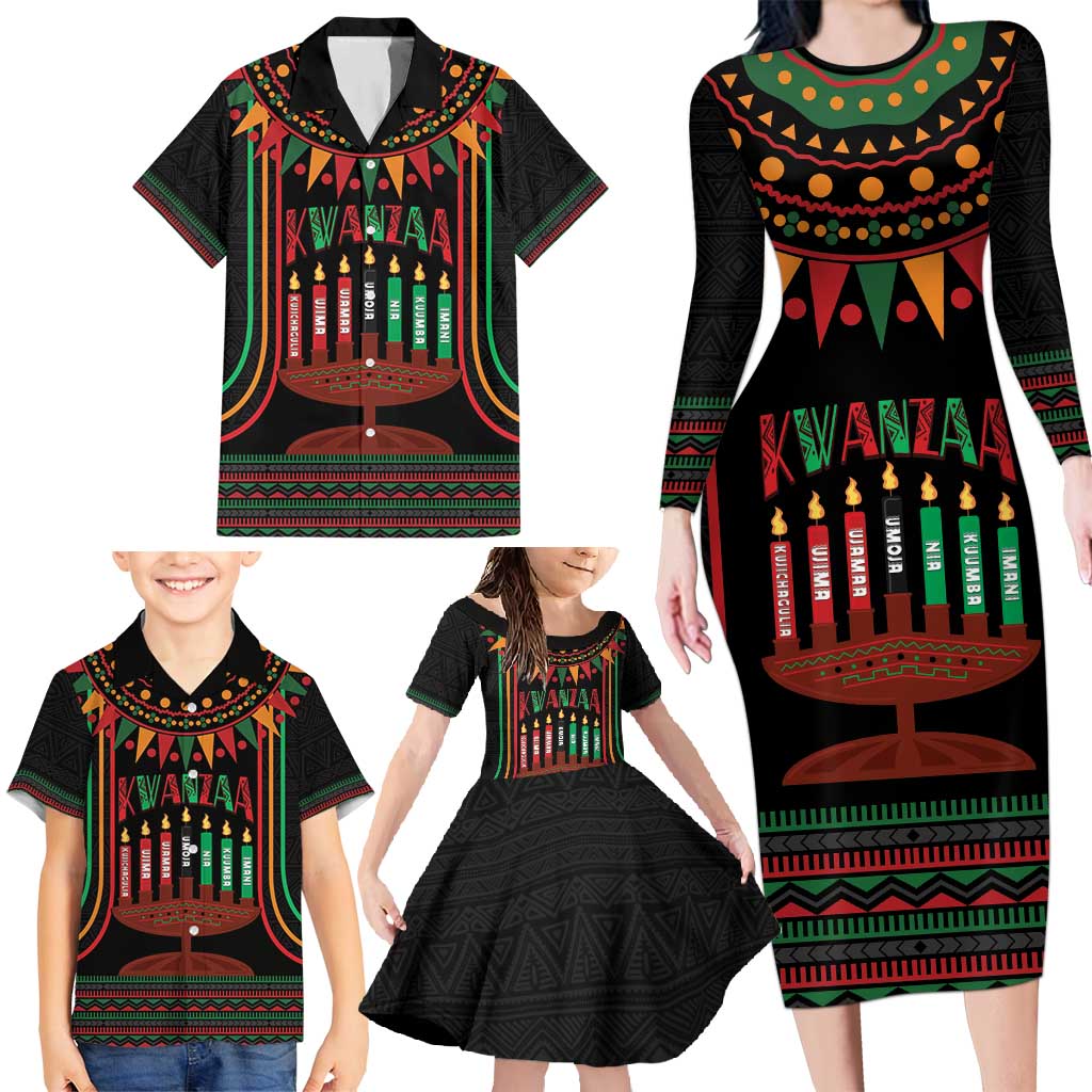Personalized African-American Kwanzaa Family Matching Long Sleeve Bodycon Dress and Hawaiian Shirt Kinara Candles African Pattern - Wonder Print Shop