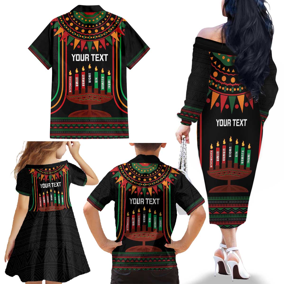 Personalized African-American Kwanzaa Family Matching Off The Shoulder Long Sleeve Dress and Hawaiian Shirt Kinara Candles African Pattern - Wonder Print Shop