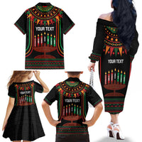 Personalized African-American Kwanzaa Family Matching Off The Shoulder Long Sleeve Dress and Hawaiian Shirt Kinara Candles African Pattern - Wonder Print Shop
