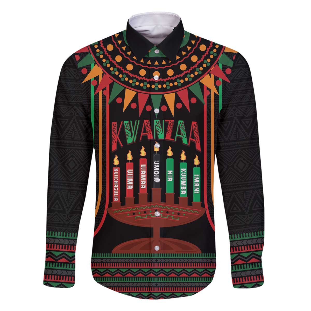Personalized African-American Kwanzaa Family Matching Off The Shoulder Long Sleeve Dress and Hawaiian Shirt Kinara Candles African Pattern - Wonder Print Shop