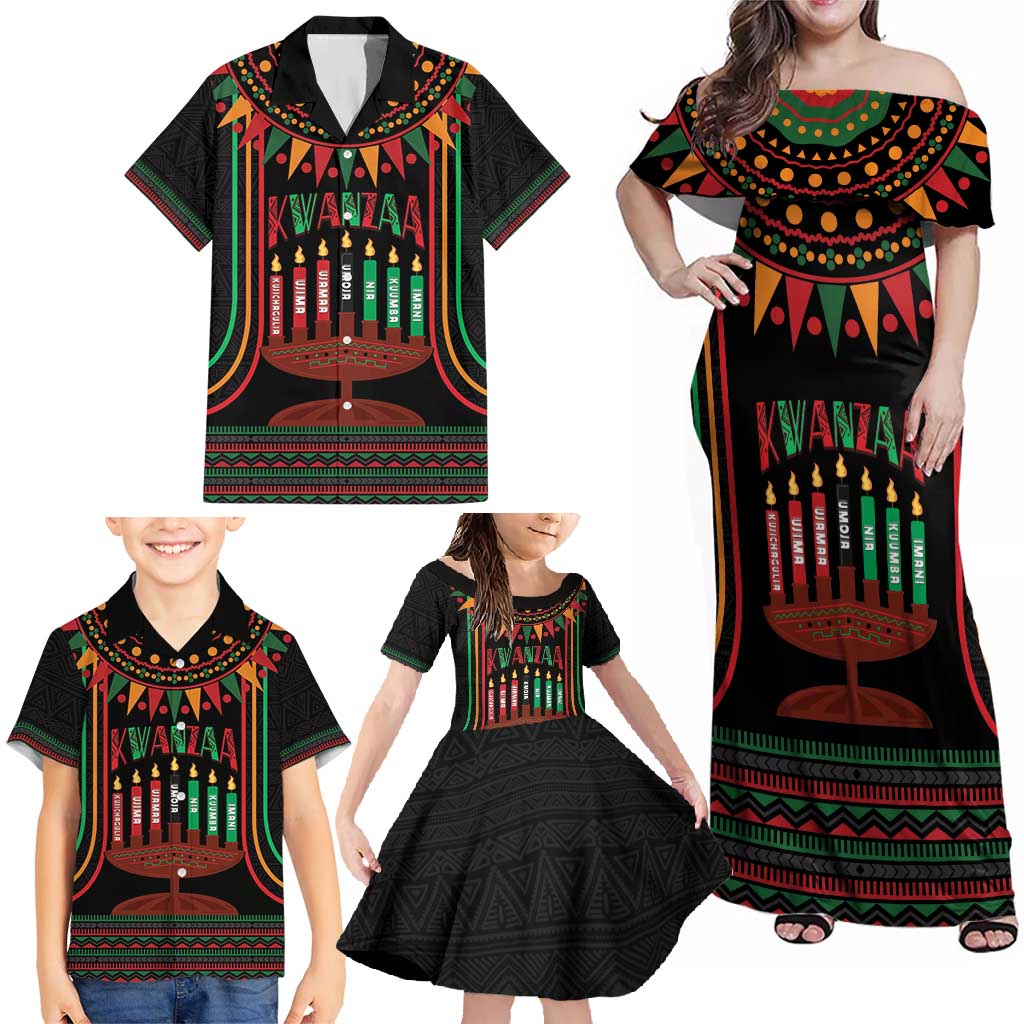 Personalized African-American Kwanzaa Family Matching Off Shoulder Maxi Dress and Hawaiian Shirt Kinara Candles African Pattern - Wonder Print Shop