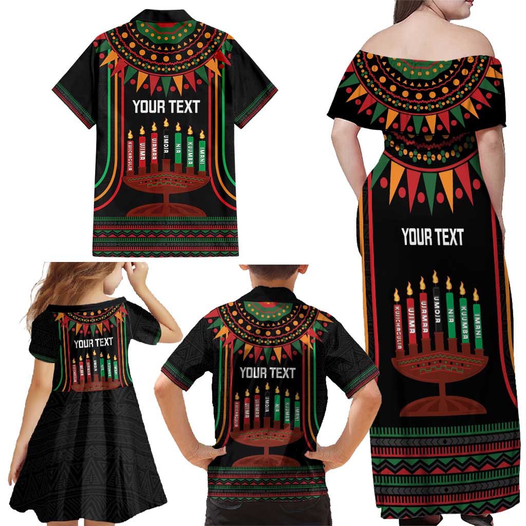 Personalized African-American Kwanzaa Family Matching Off Shoulder Maxi Dress and Hawaiian Shirt Kinara Candles African Pattern - Wonder Print Shop