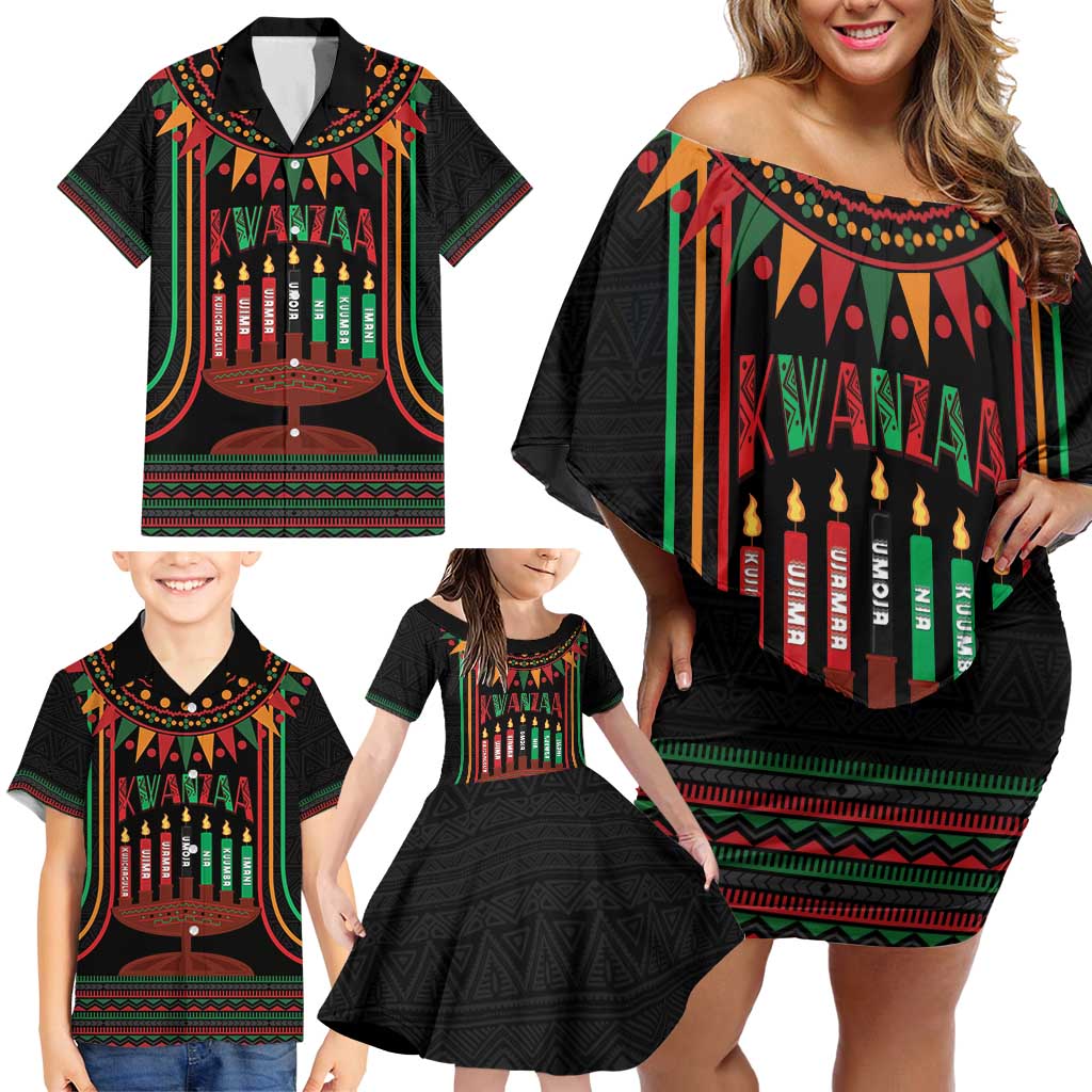 Personalized African-American Kwanzaa Family Matching Off Shoulder Short Dress and Hawaiian Shirt Kinara Candles African Pattern - Wonder Print Shop