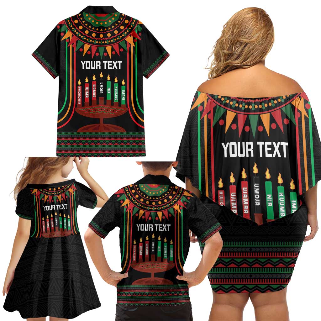Personalized African-American Kwanzaa Family Matching Off Shoulder Short Dress and Hawaiian Shirt Kinara Candles African Pattern - Wonder Print Shop
