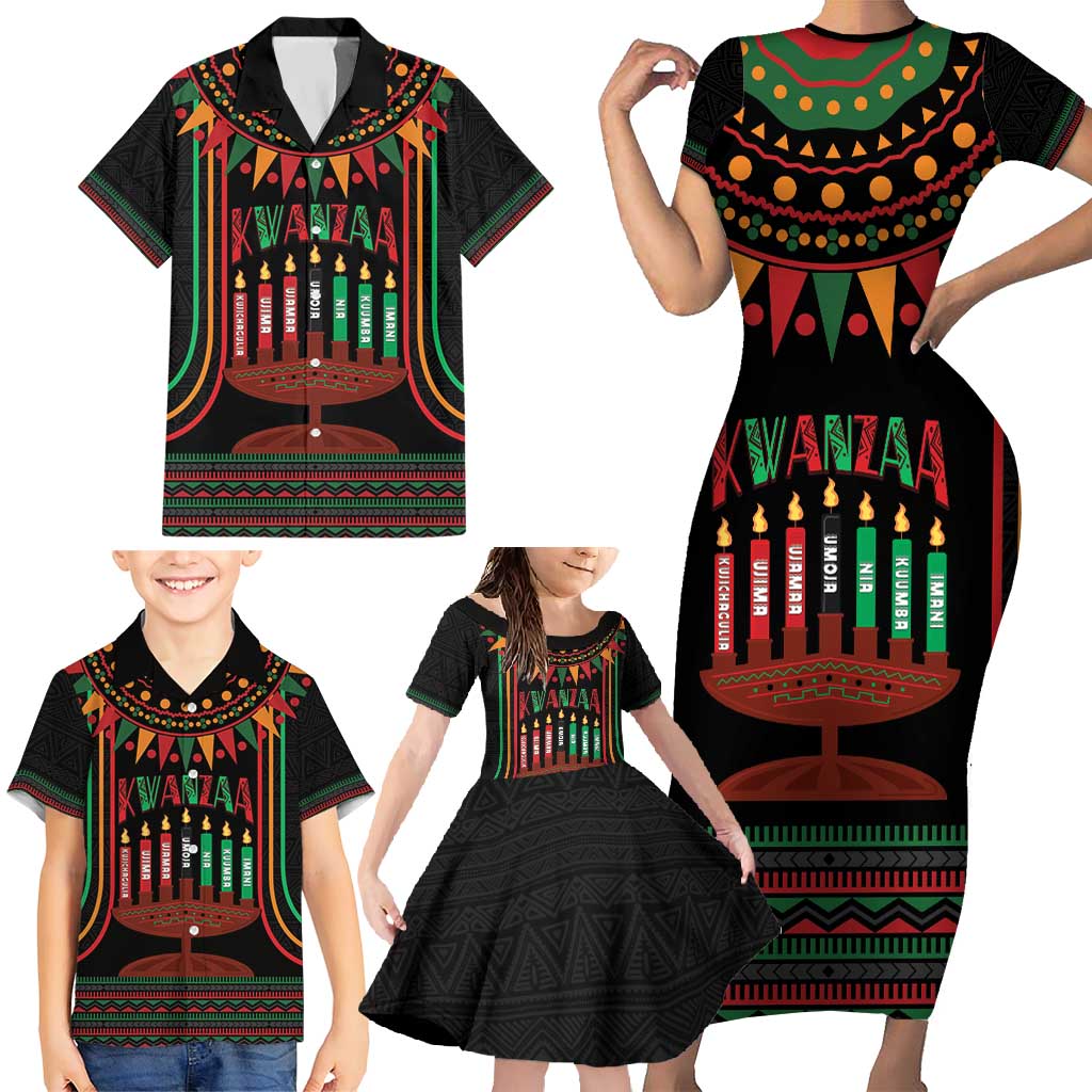 Personalized African-American Kwanzaa Family Matching Short Sleeve Bodycon Dress and Hawaiian Shirt Kinara Candles African Pattern - Wonder Print Shop