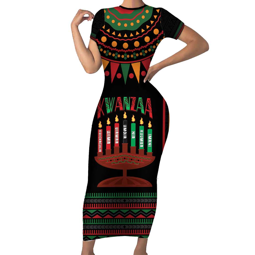 Personalized African-American Kwanzaa Family Matching Short Sleeve Bodycon Dress and Hawaiian Shirt Kinara Candles African Pattern - Wonder Print Shop