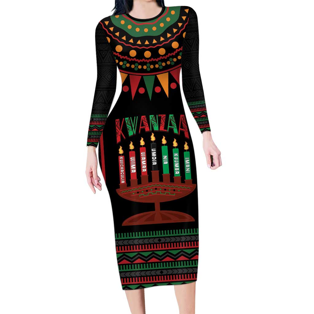Personalized African-American Kwanzaa Long Sleeve Bodycon Dress Kinara Candles African Pattern - Wonder Print Shop