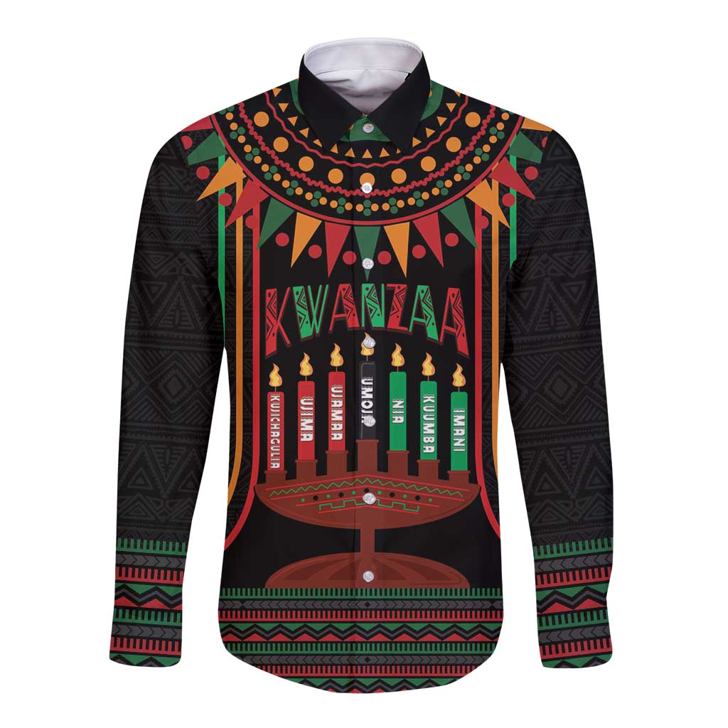 Personalized African-American Kwanzaa Long Sleeve Button Shirt Kinara Candles African Pattern - Wonder Print Shop