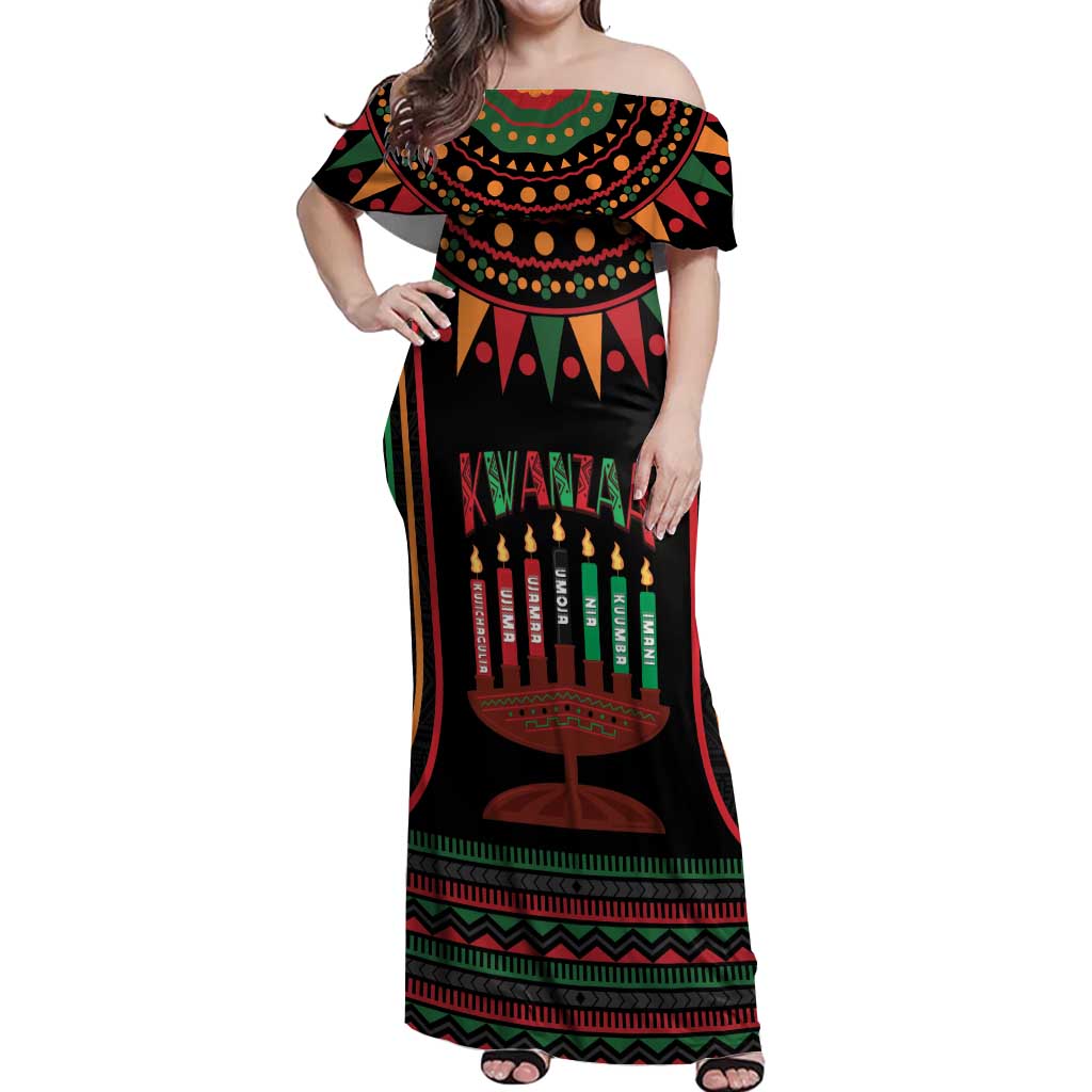 Personalized African-American Kwanzaa Off Shoulder Maxi Dress Kinara Candles African Pattern - Wonder Print Shop