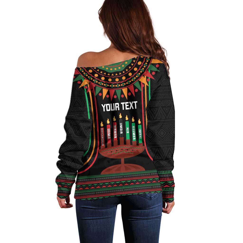 Personalized African-American Kwanzaa Off Shoulder Sweater Kinara Candles African Pattern - Wonder Print Shop