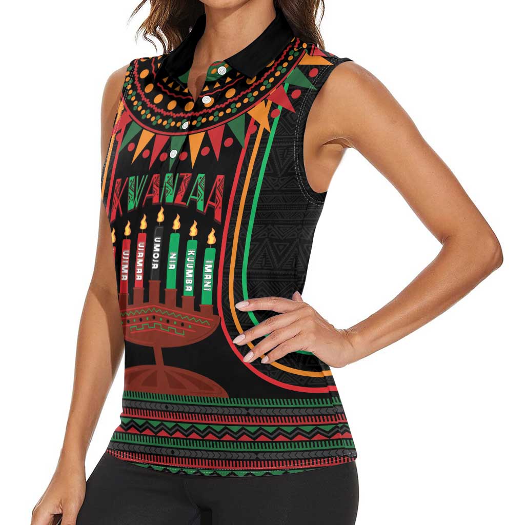Personalized African-American Kwanzaa Women Sleeveless Polo Shirt Kinara Candles African Pattern - Wonder Print Shop