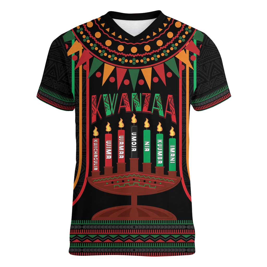 Personalized African-American Kwanzaa Women V-Neck T-Shirt Kinara Candles African Pattern - Wonder Print Shop