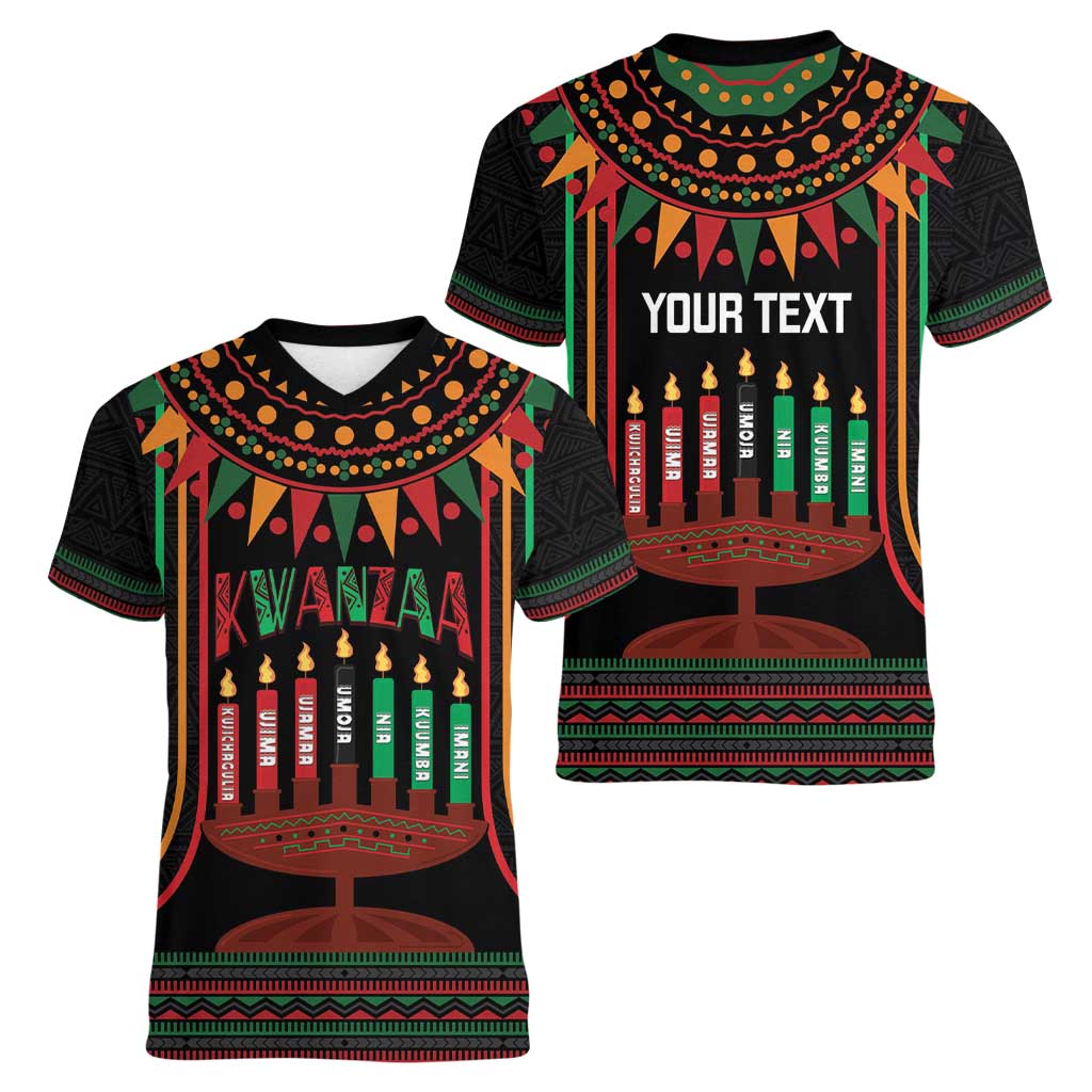 Personalized African-American Kwanzaa Women V-Neck T-Shirt Kinara Candles African Pattern - Wonder Print Shop