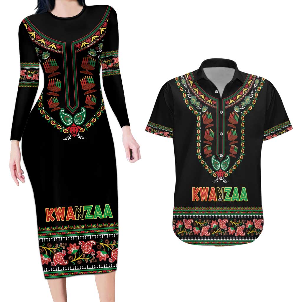 Personalized African-American Kwanzaa Couples Matching Long Sleeve Bodycon Dress and Hawaiian Shirt Dashiki Mix Paisley Pattern - Wonder Print Shop