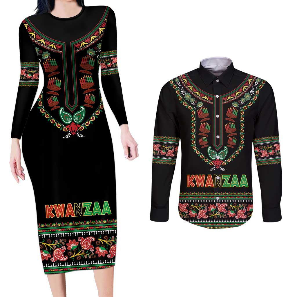 Personalized African-American Kwanzaa Couples Matching Long Sleeve Bodycon Dress and Long Sleeve Button Shirt Dashiki Mix Paisley Pattern - Wonder Print Shop