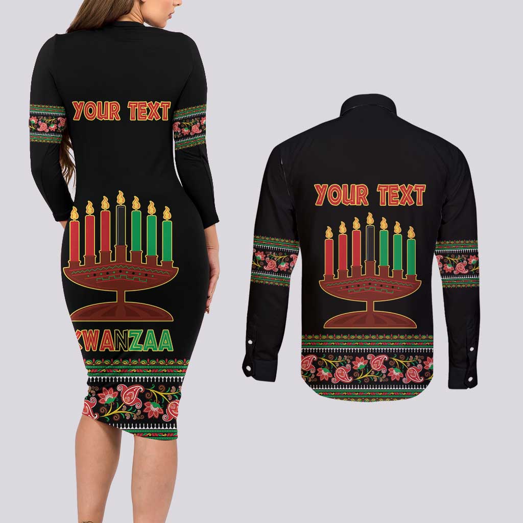 Personalized African-American Kwanzaa Couples Matching Long Sleeve Bodycon Dress and Long Sleeve Button Shirt Dashiki Mix Paisley Pattern - Wonder Print Shop