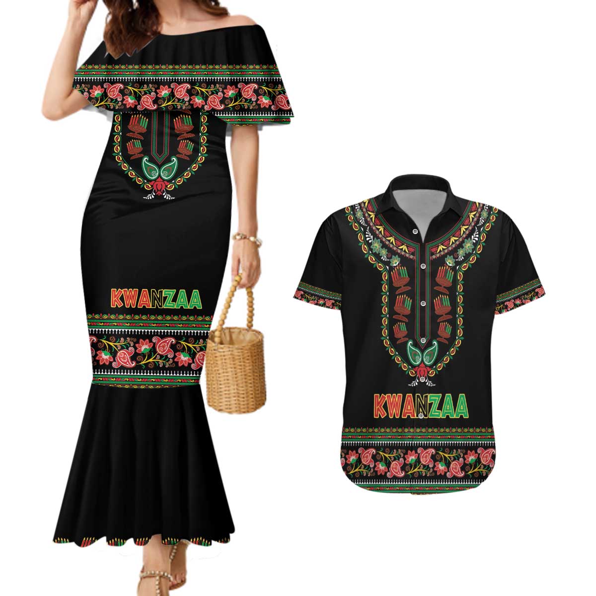 Personalized African-American Kwanzaa Couples Matching Mermaid Dress and Hawaiian Shirt Dashiki Mix Paisley Pattern - Wonder Print Shop