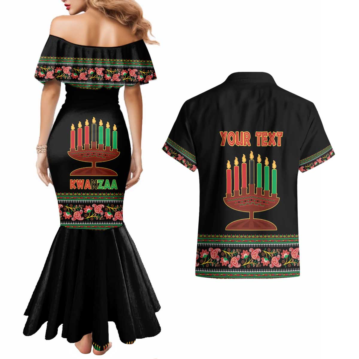 Personalized African-American Kwanzaa Couples Matching Mermaid Dress and Hawaiian Shirt Dashiki Mix Paisley Pattern - Wonder Print Shop
