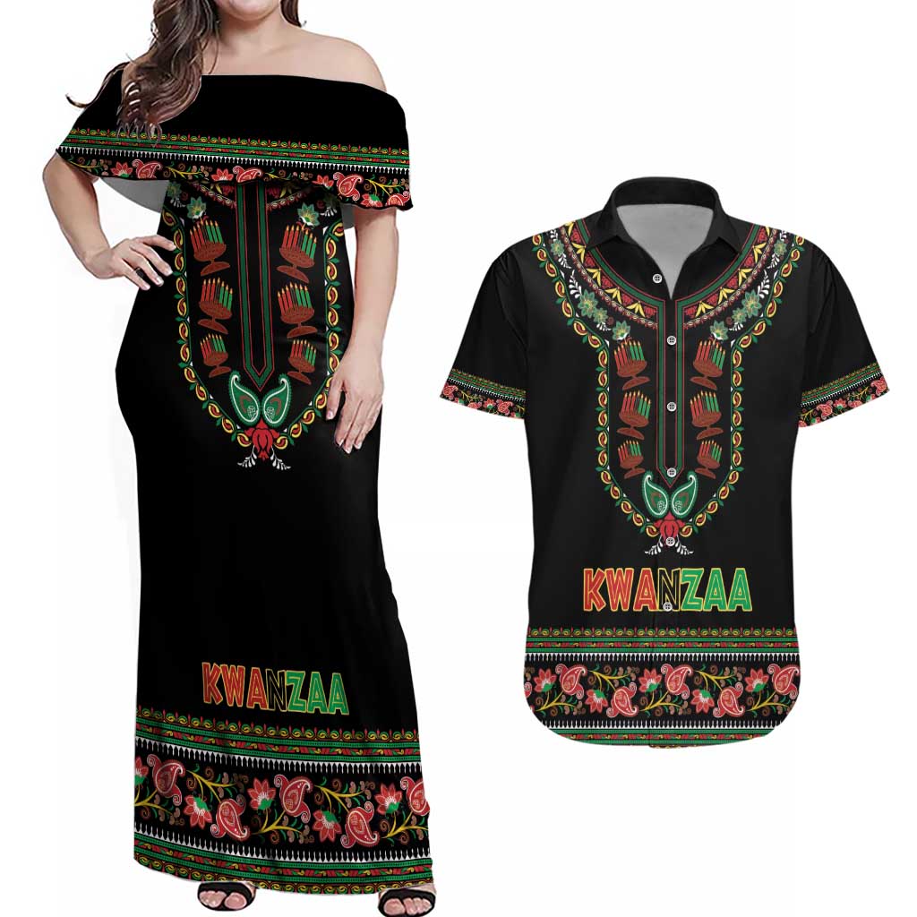 Personalized African-American Kwanzaa Couples Matching Off Shoulder Maxi Dress and Hawaiian Shirt Dashiki Mix Paisley Pattern - Wonder Print Shop
