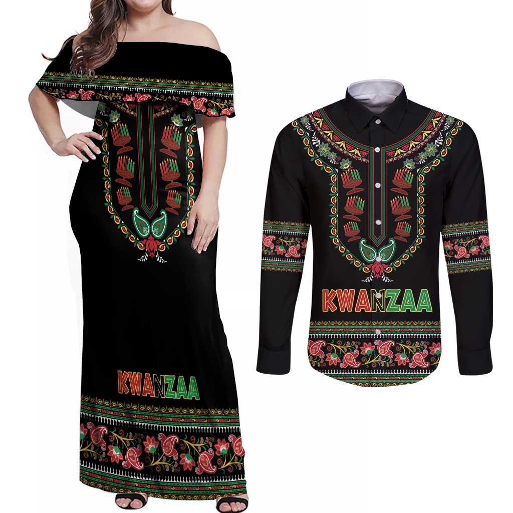 Personalized African-American Kwanzaa Couples Matching Off Shoulder Maxi Dress and Long Sleeve Button Shirt Dashiki Mix Paisley Pattern - Wonder Print Shop