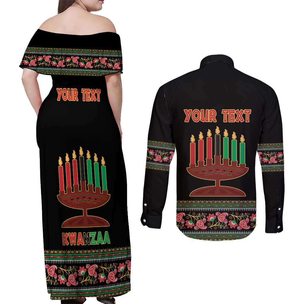 Personalized African-American Kwanzaa Couples Matching Off Shoulder Maxi Dress and Long Sleeve Button Shirt Dashiki Mix Paisley Pattern - Wonder Print Shop