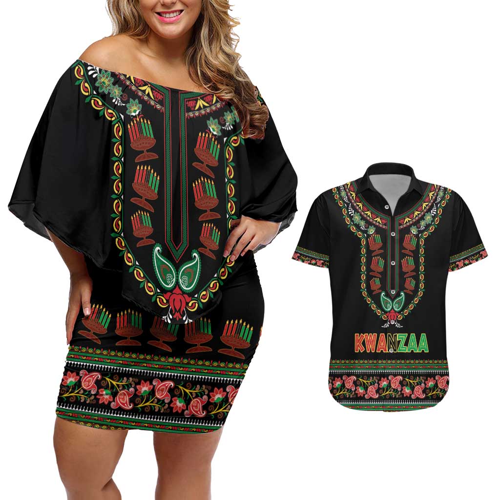 Personalized African-American Kwanzaa Couples Matching Off Shoulder Short Dress and Hawaiian Shirt Dashiki Mix Paisley Pattern - Wonder Print Shop