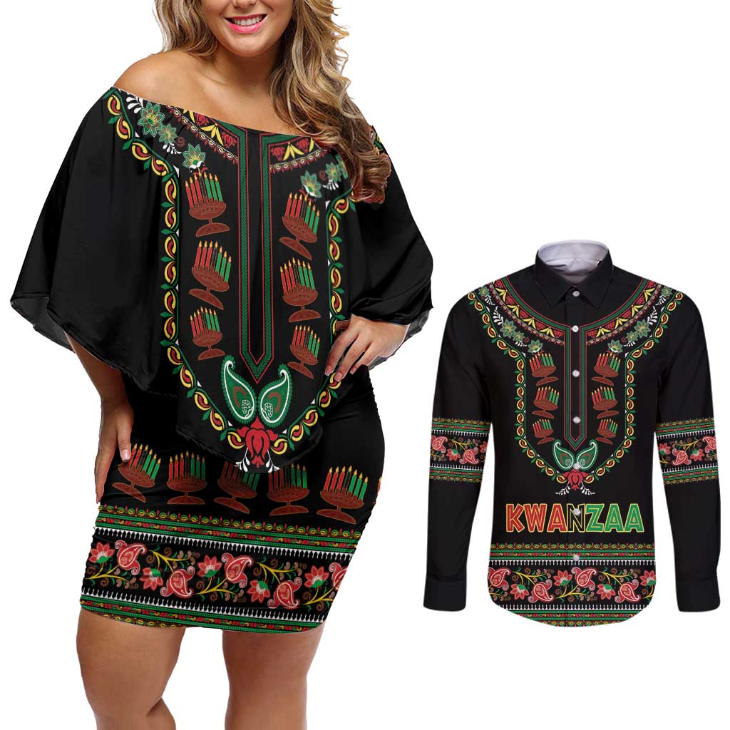 Personalized African-American Kwanzaa Couples Matching Off Shoulder Short Dress and Long Sleeve Button Shirt Dashiki Mix Paisley Pattern - Wonder Print Shop