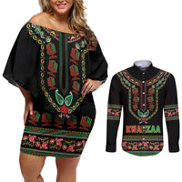 Personalized African-American Kwanzaa Couples Matching Off Shoulder Short Dress and Long Sleeve Button Shirt Dashiki Mix Paisley Pattern - Wonder Print Shop