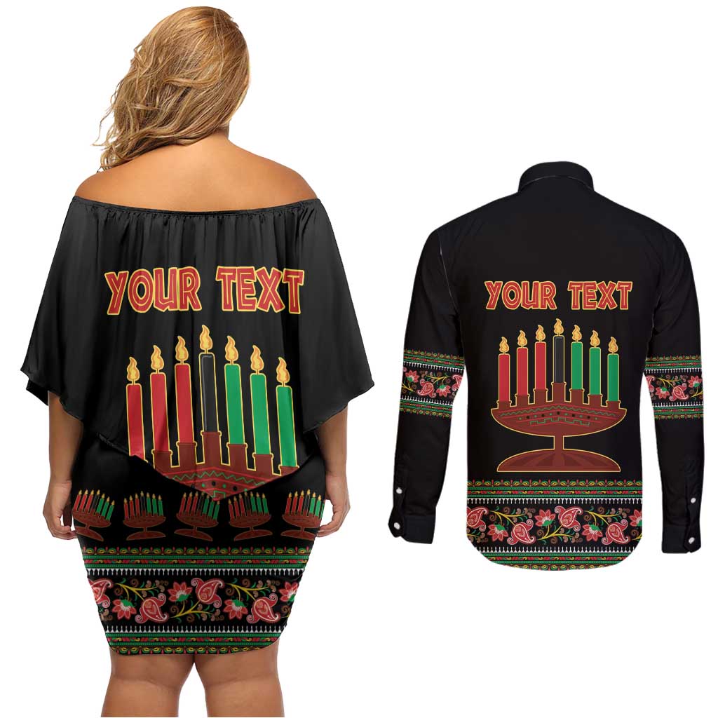 Personalized African-American Kwanzaa Couples Matching Off Shoulder Short Dress and Long Sleeve Button Shirt Dashiki Mix Paisley Pattern - Wonder Print Shop