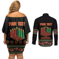 Personalized African-American Kwanzaa Couples Matching Off Shoulder Short Dress and Long Sleeve Button Shirt Dashiki Mix Paisley Pattern - Wonder Print Shop